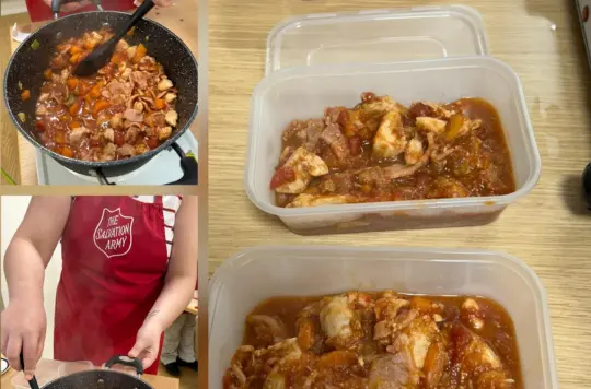 A picture of some food and Salvation Army apron 