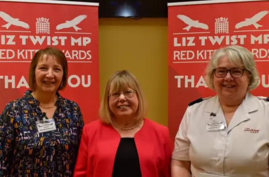 Two leadgate volunteers smile at camera with MP Liz Twist 