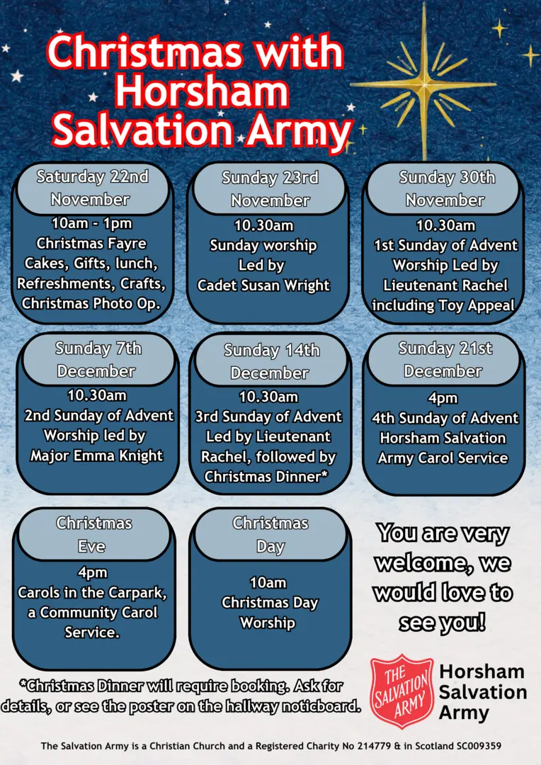 A poster detailing the Sundays and Events being held at Horsham Salvation Army during December 2025