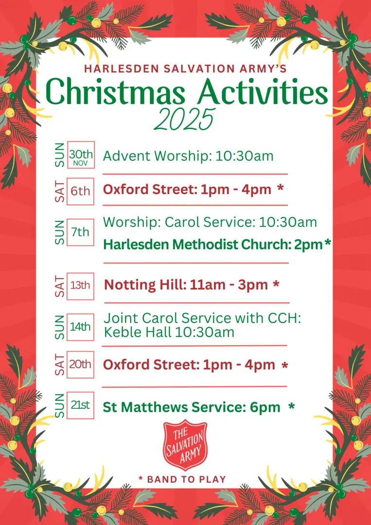 A list of Harlesden Salvation Army's activities for Advent 2025