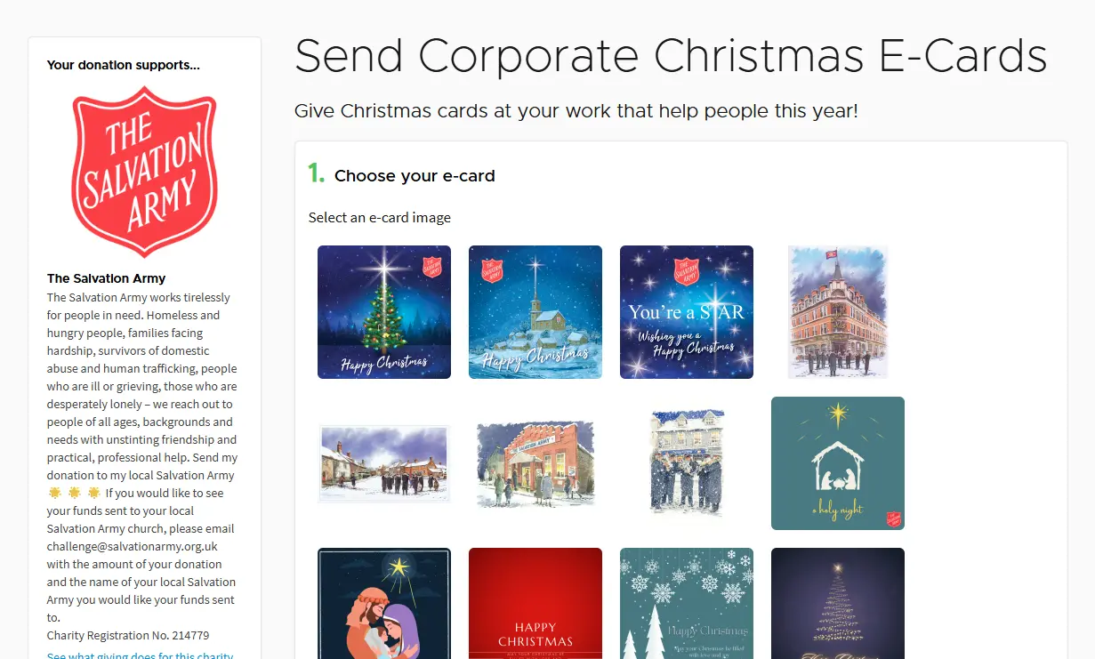 A screenshot of the Don't Send Me a Card Salvation Army page showing the Corporate Christmas E-Cards available this Christmas