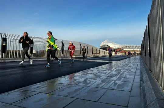 festive runners on a bridge