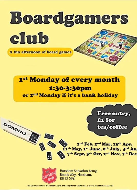 A poster inviting you to a Boardgames club, on the 1st Sunday of the month at 1.30pm. If it lands on a bank holiday Monday, the group meets on the 2nd Monday instead.