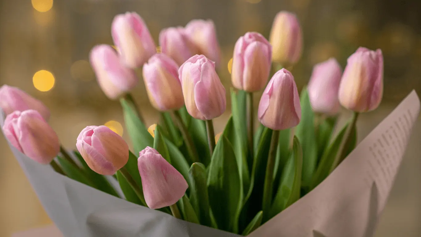 Bouquet of pale pink tulips wrapped in white paper.