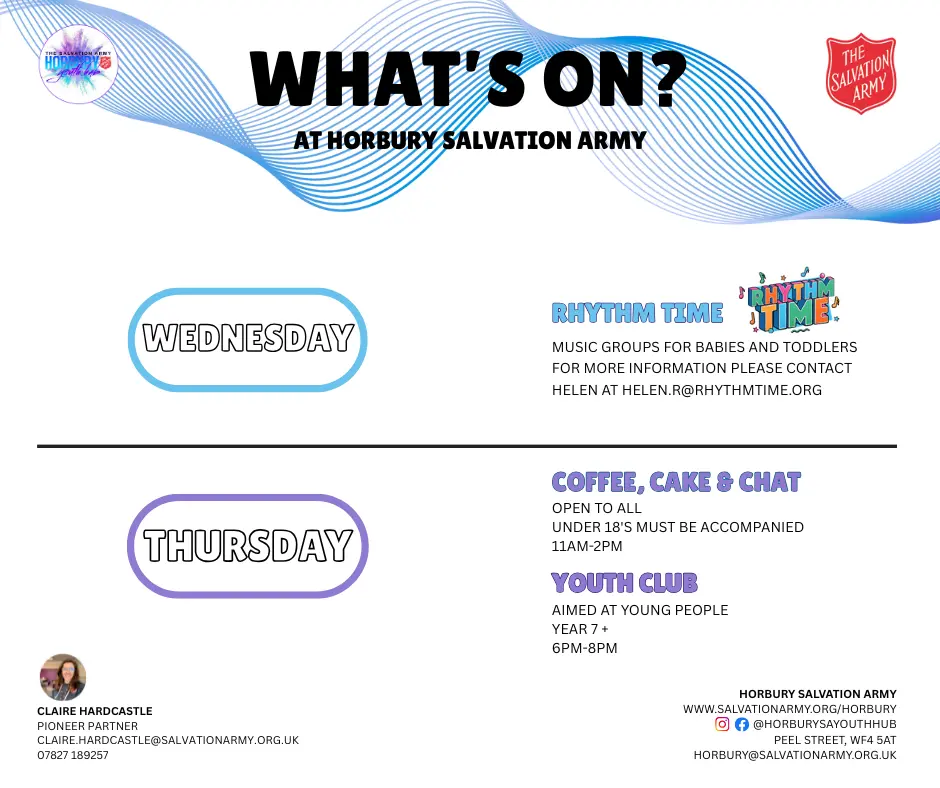 Poster with weekly programme information. Youth Club on Thursdays 6pm-8pm. Coffee morning on Thursday morning 11am-2pm.. 