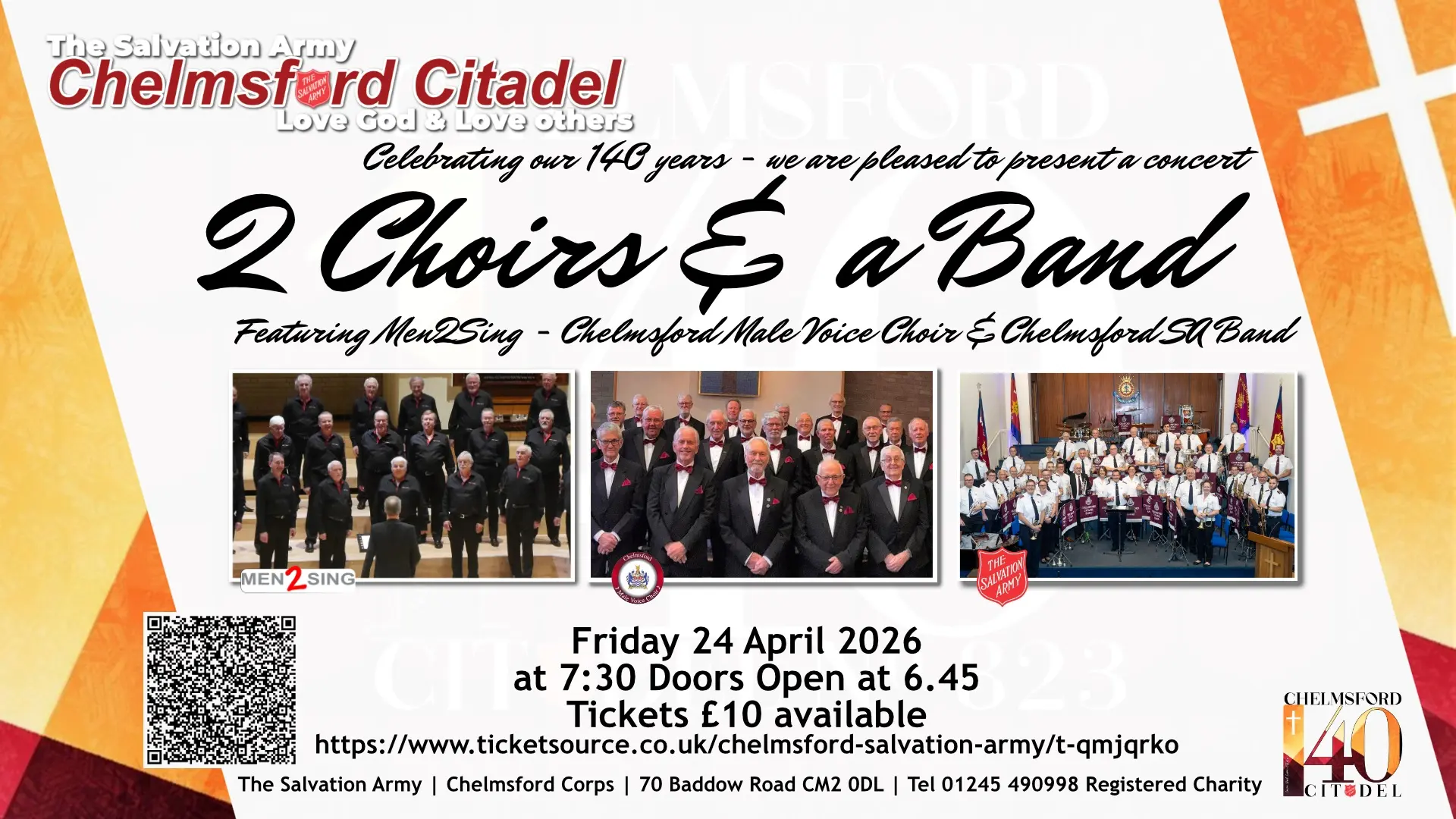 Promotional poster for The Salvation Army Chelmsford Citadel concert ‘2 Choirs & a Band’, celebrating 140 years. Features photos of Men2Sing, Chelmsford Male Voice Choir, and the Chelmsford Salvation Army Band. Event takes place on Friday 24 April 2026 at 7:30 pm, with tickets priced at £10.