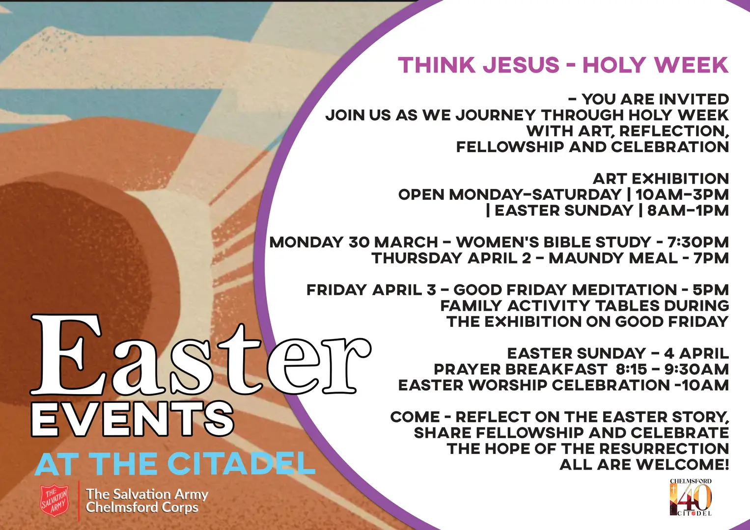 Easter Events at The Citadel poster for The Salvation Army Chelmsford Corps. The design features warm, abstract artwork with a large circular panel listing Holy Week activities, including an art exhibition, Bible study, Maundy meal, Good Friday meditation, family activities, prayer breakfast, and Easter Sunday worship celebration.