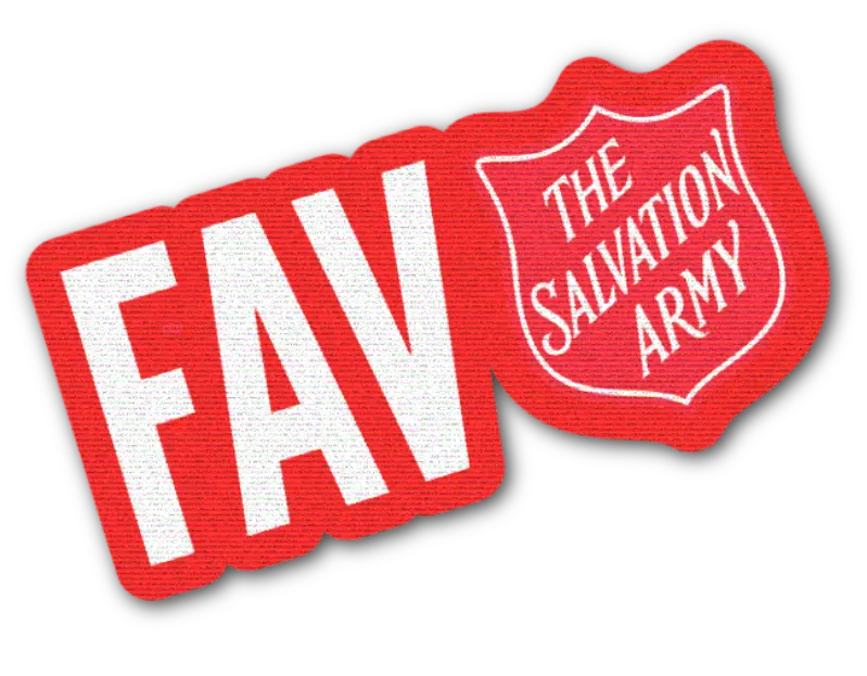 Logo of the Salvation Army red shield with FAV for faversham next to it.