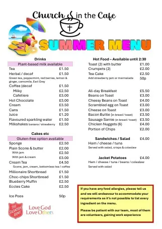 Poster for Churchs in the Café Summer Menu. The menu lists hot and cold drinks, cakes, sandwiches, salads, jacket potatoes and all-day breakfast items, with prices shown. Colourful summer-themed graphics, including a beach scene, sun umbrella and the words “SUMMER MENU”, appear at the top. A note at the bottom asks customers to inform staff about any food allergies and explains that meal service may take longer because most team members are volunteers gaining work experience. The Salvation Army logo and the