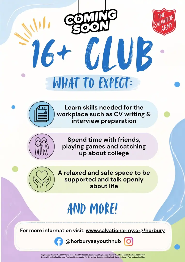 Poster for 16+ group coming soon. The group will be for young people aged 16-18 and will offer things like workplace skills, school advice and a safe space to discuss life.