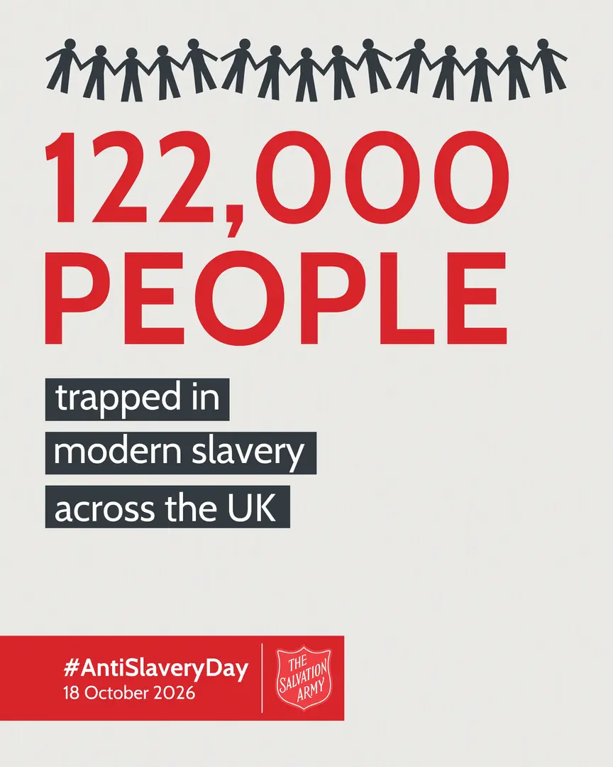 A graphic with the words "122,000 people trapped in modern slavery across the UK"