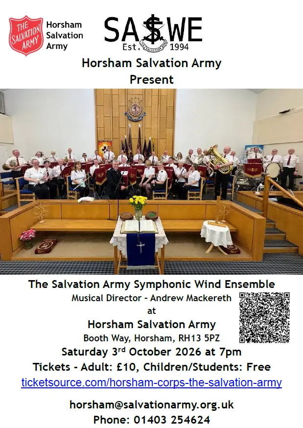 A poster inviting you to a Salvation Army Symphonic Wind Ensemble Concert, Saturday 3rd October at 7pm. Tickets are £10 for adults, but children and students are free.