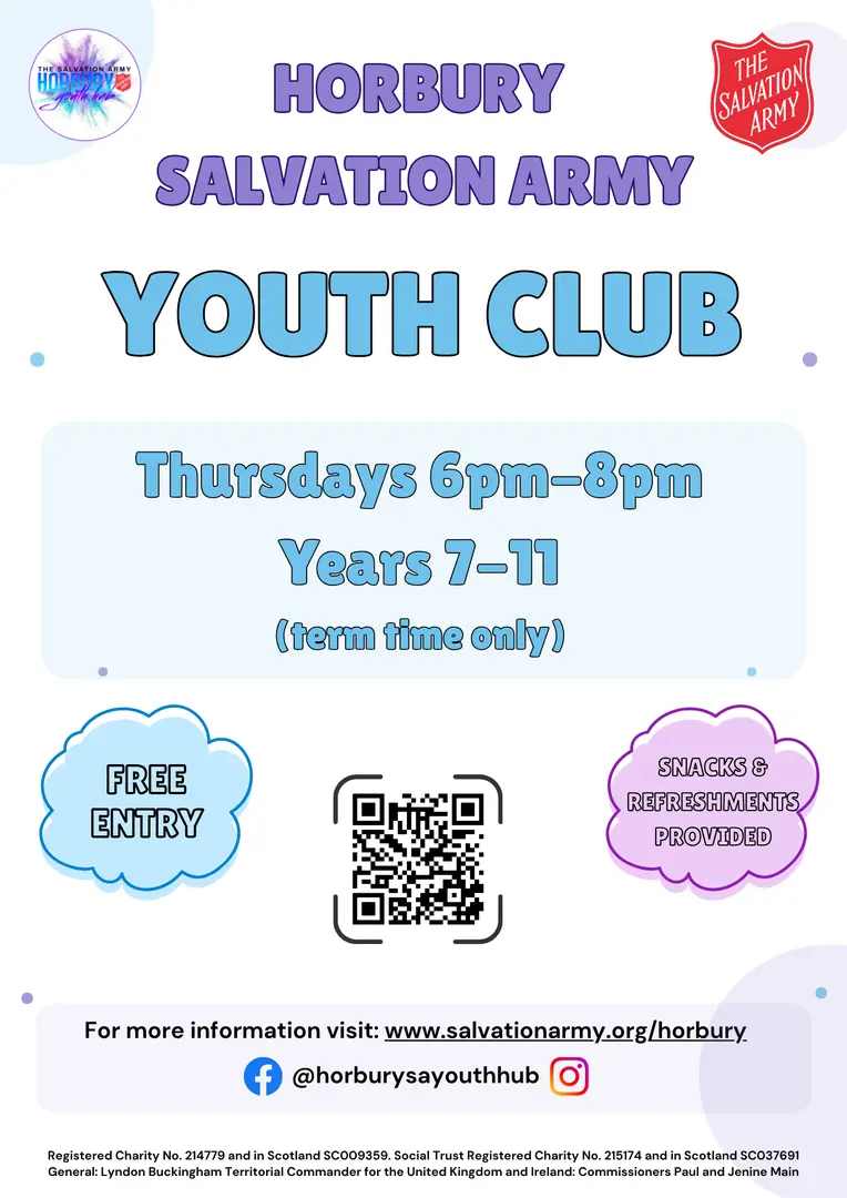 Poster with youth club information. Youth club is on Thursdays in term time from 6pm-8pm. It is for young people in school years 7-11. Refreshments provided. Free entry.