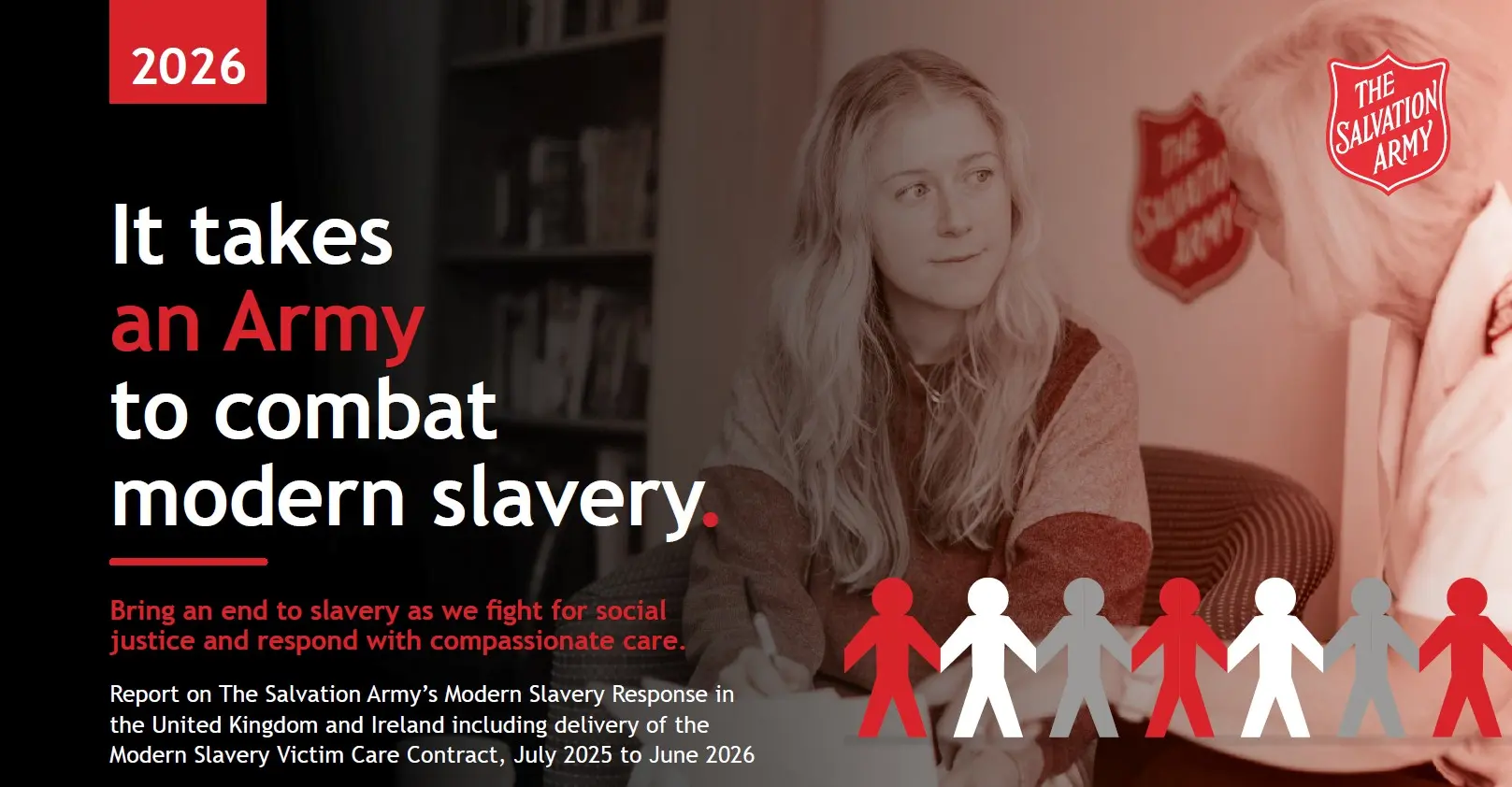 Front cover of the Modern Slavery annual report featuring an image of a female survivor speaking to a TSA support worker and the headline "it takes an army to combat modern slavery". 