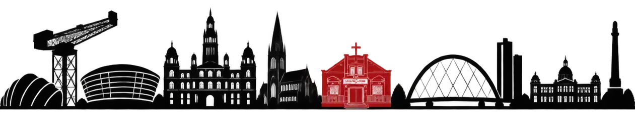 Black Outline of Glasgow Skyline with Parkhead Salvation Army in the middle in red outline