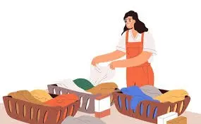 A cartoon of a women sorting out second hand clothes