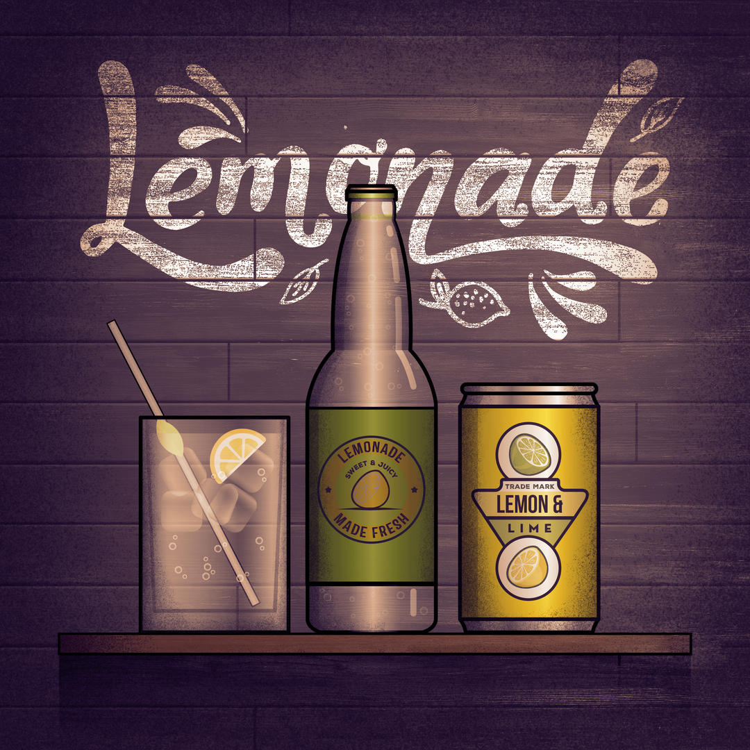 Upbeat track03 artwork - Title 'Lemonade' with stylised design of a glass, lemonade bottle and metal can against a dark wall.